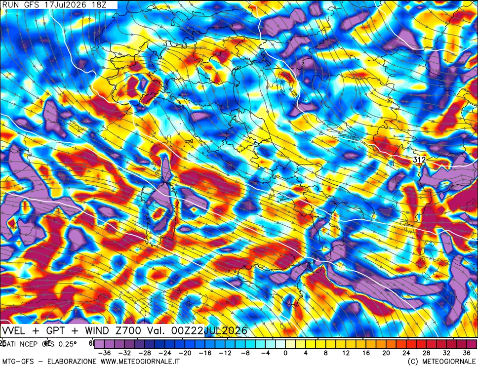 mappa 700 hPa Velocità verticiali + GPT + Vento