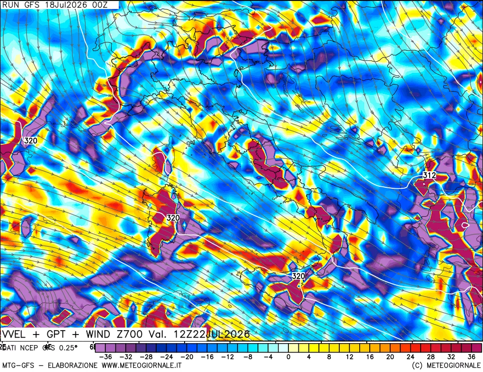 mappa 700 hPa Velocità verticiali + GPT + Vento