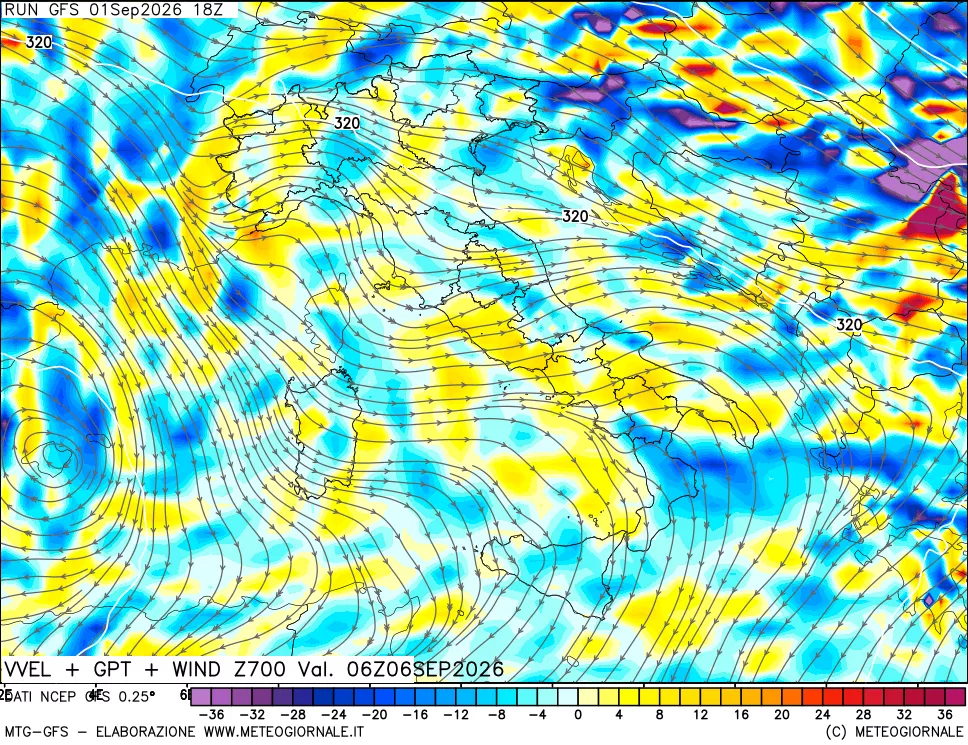 mappa 700 hPa Velocità verticiali + GPT + Vento
