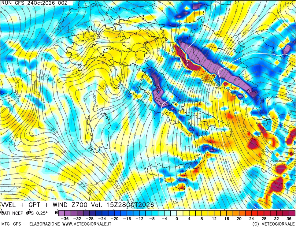 mappa 700 hPa Velocità verticiali + GPT + Vento