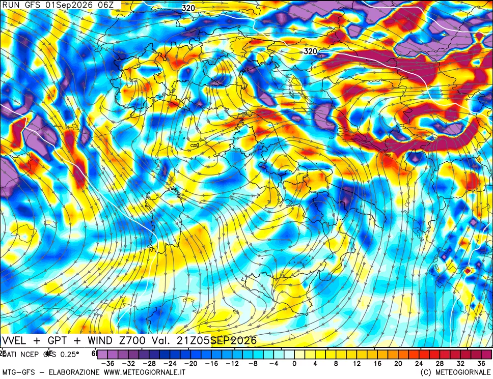 mappa 700 hPa Velocità verticiali + GPT + Vento