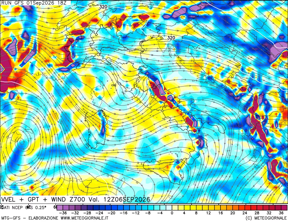 mappa 700 hPa Velocità verticiali + GPT + Vento