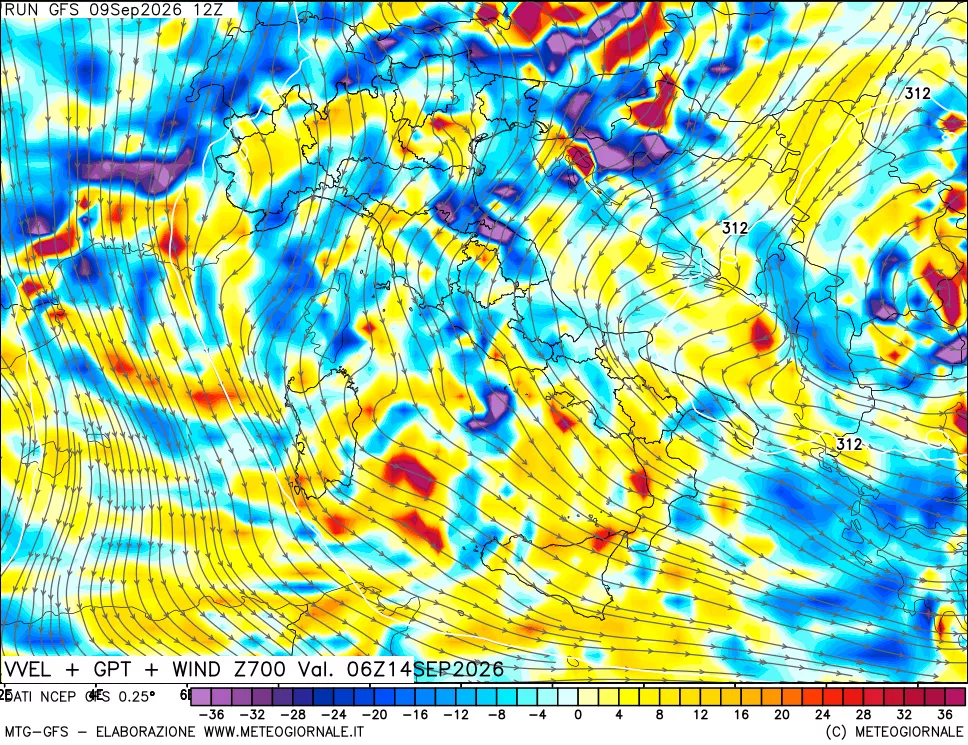 mappa 700 hPa Velocità verticiali + GPT + Vento