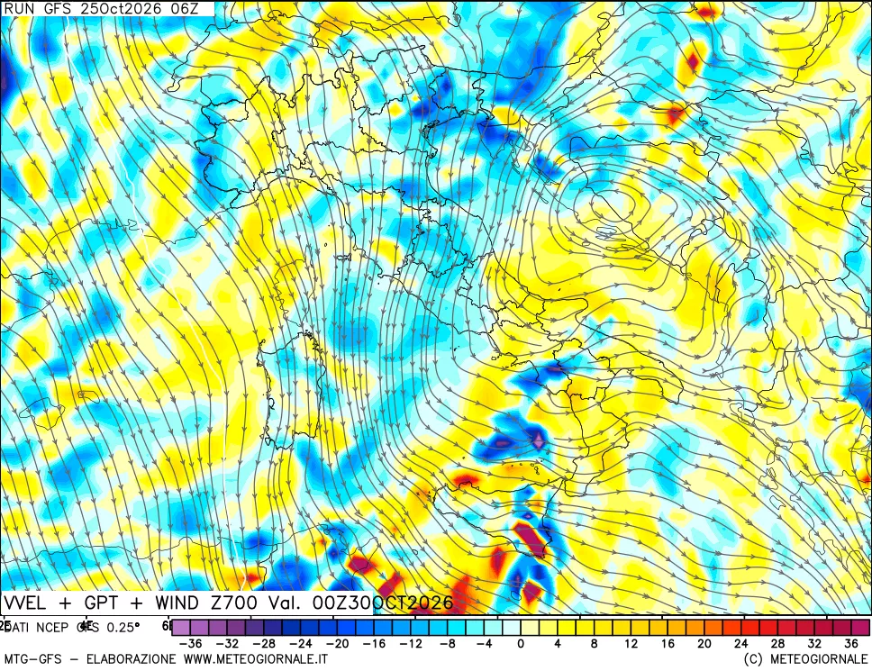 mappa 700 hPa Velocità verticiali + GPT + Vento