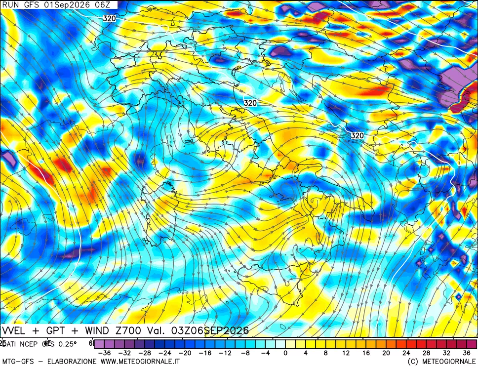 mappa 700 hPa Velocità verticiali + GPT + Vento