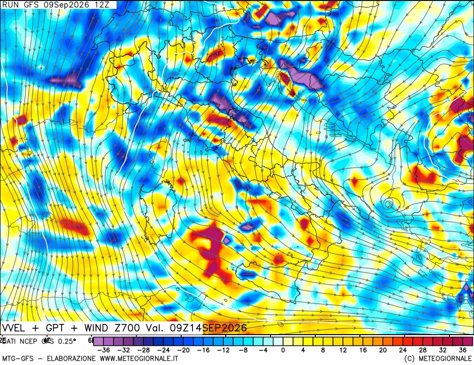 mappa 700 hPa Velocità verticiali + GPT + Vento