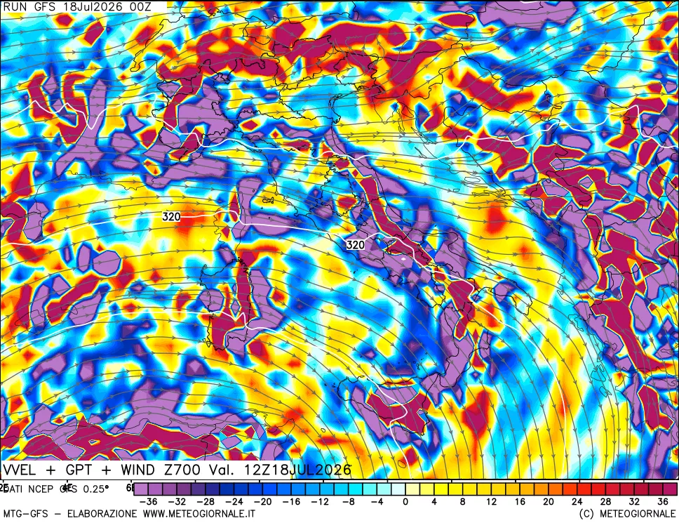 mappa 700 hPa Velocità verticiali + GPT + Vento