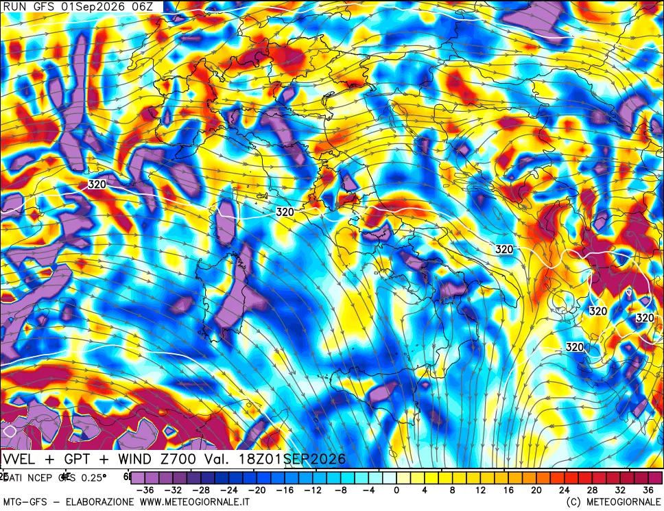 mappa 700 hPa Velocità verticiali + GPT + Vento