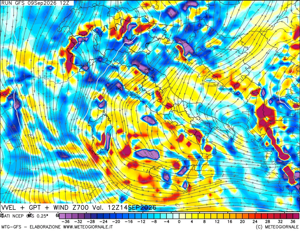 mappa 700 hPa Velocità verticiali + GPT + Vento