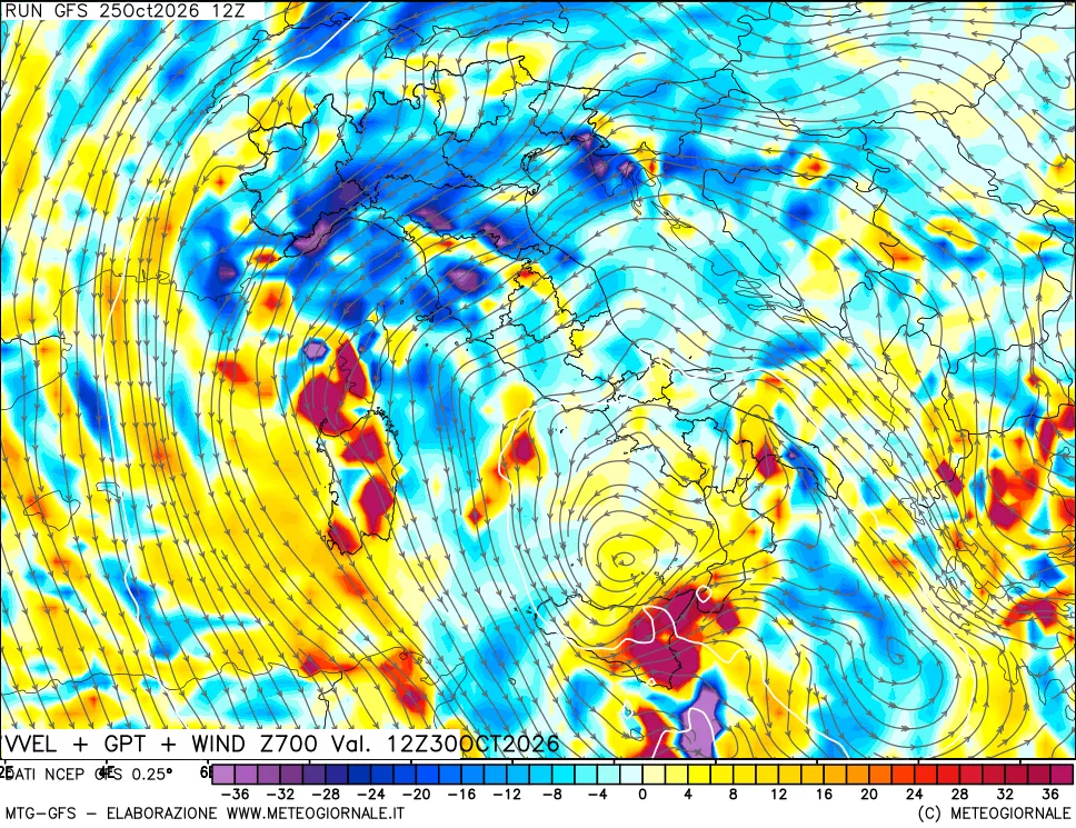 mappa 700 hPa Velocità verticiali + GPT + Vento