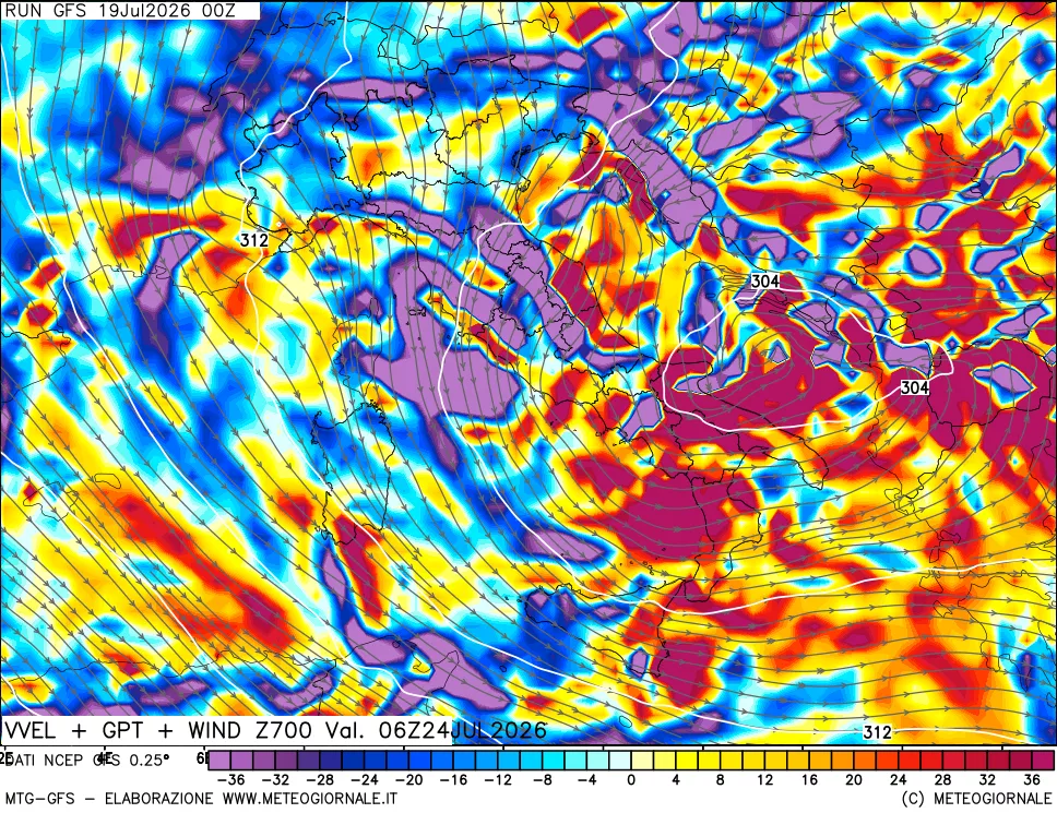 mappa 700 hPa Velocità verticiali + GPT + Vento