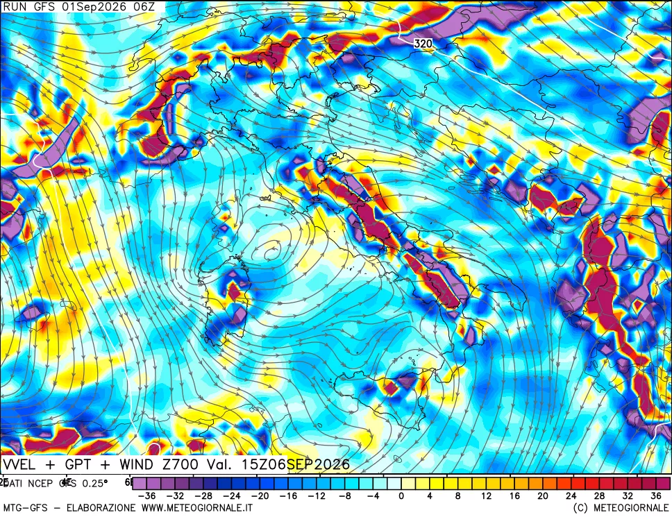 mappa 700 hPa Velocità verticiali + GPT + Vento