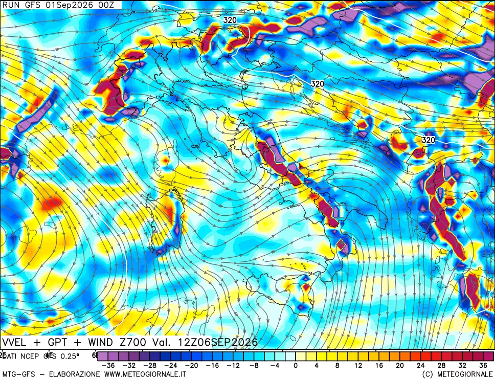 mappa 700 hPa Velocità verticiali + GPT + Vento