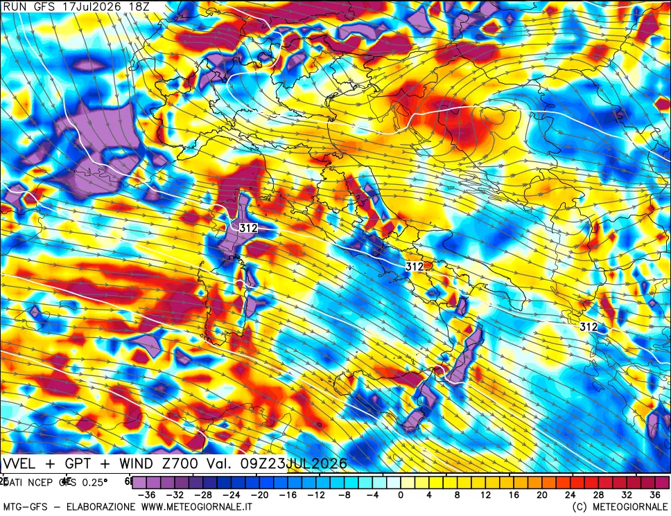 mappa 700 hPa Velocità verticiali + GPT + Vento