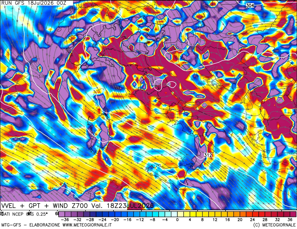 mappa 700 hPa Velocità verticiali + GPT + Vento