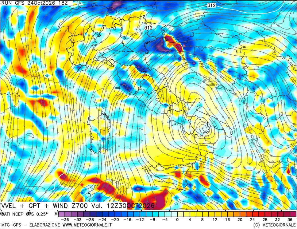 mappa 700 hPa Velocità verticiali + GPT + Vento