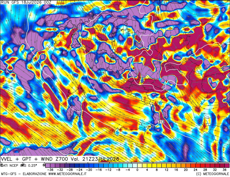 mappa 700 hPa Velocità verticiali + GPT + Vento