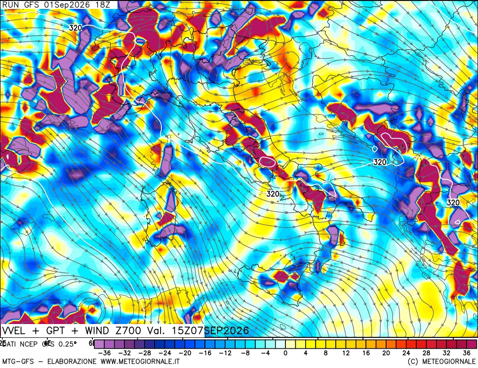 mappa 700 hPa Velocità verticiali + GPT + Vento