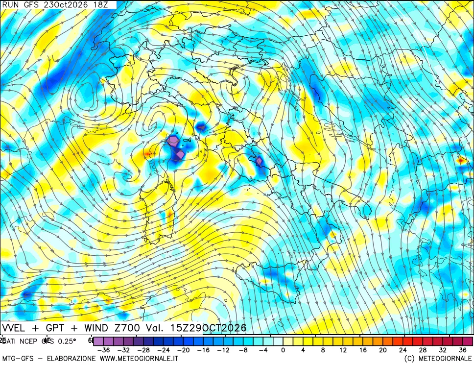mappa 700 hPa Velocità verticiali + GPT + Vento
