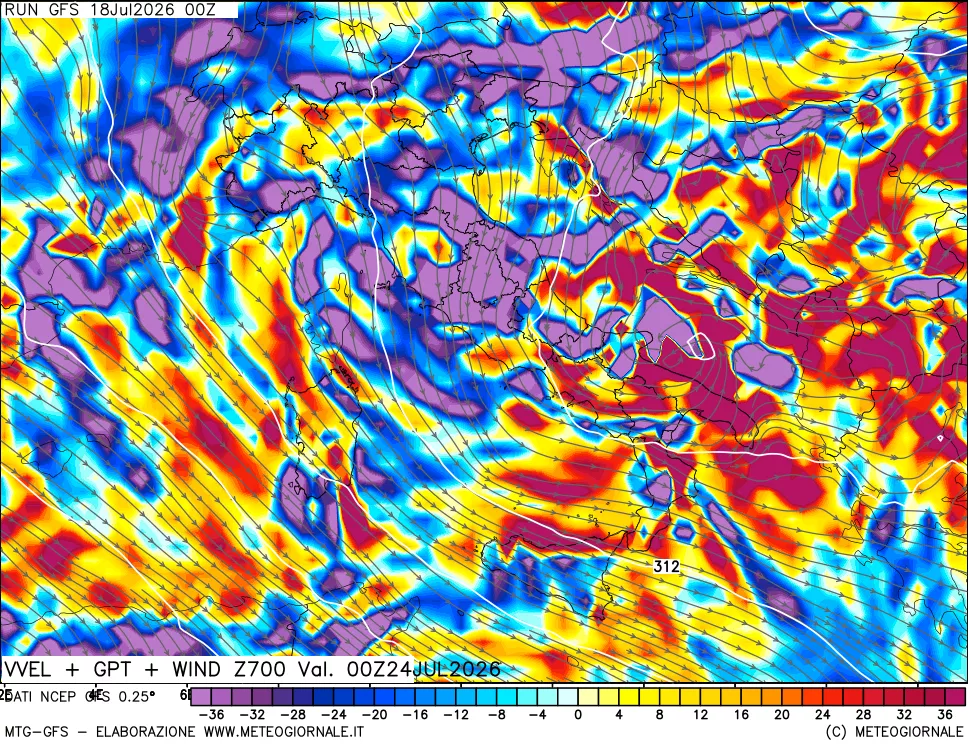 mappa 700 hPa Velocità verticiali + GPT + Vento