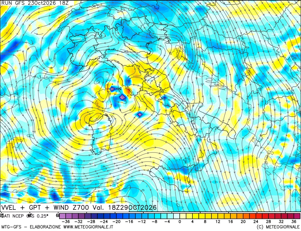 mappa 700 hPa Velocità verticiali + GPT + Vento