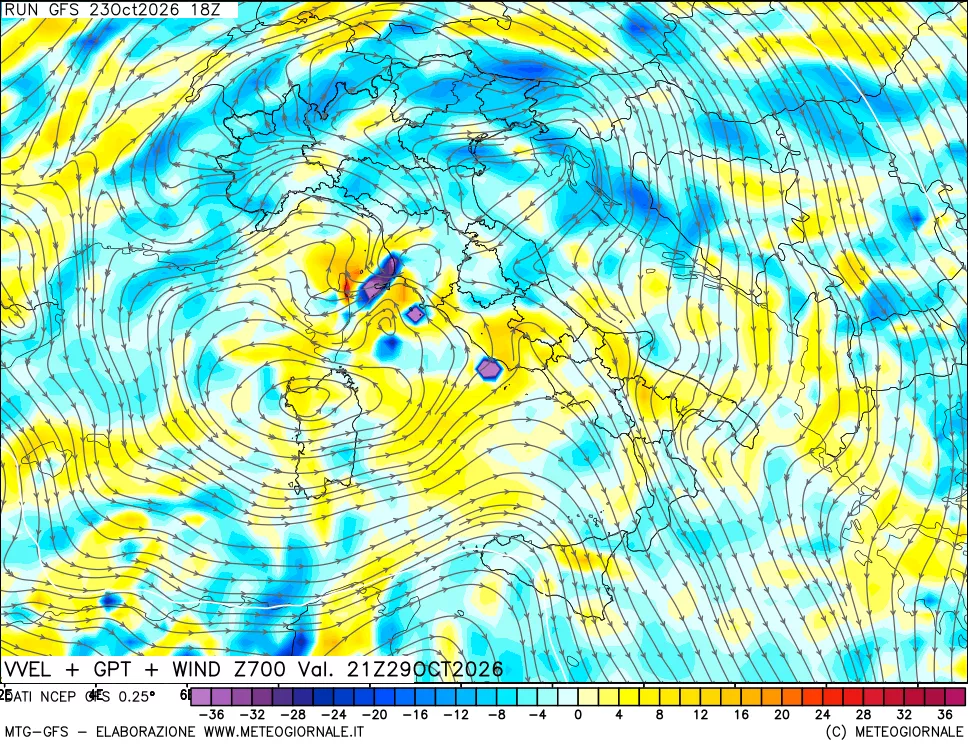 mappa 700 hPa Velocità verticiali + GPT + Vento