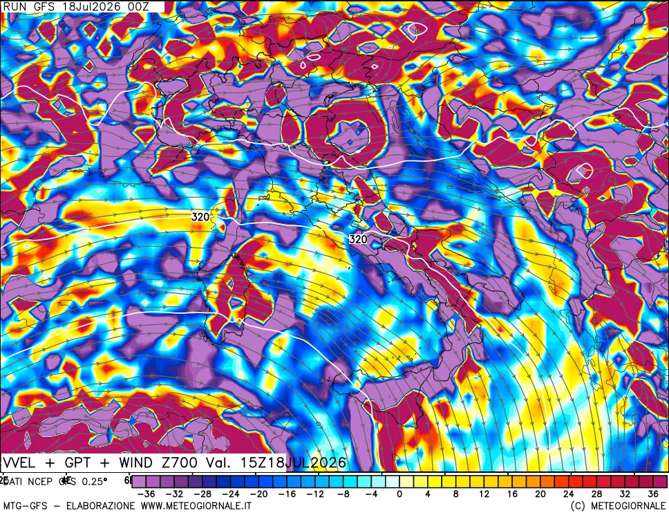 mappa 700 hPa Velocità verticiali + GPT + Vento