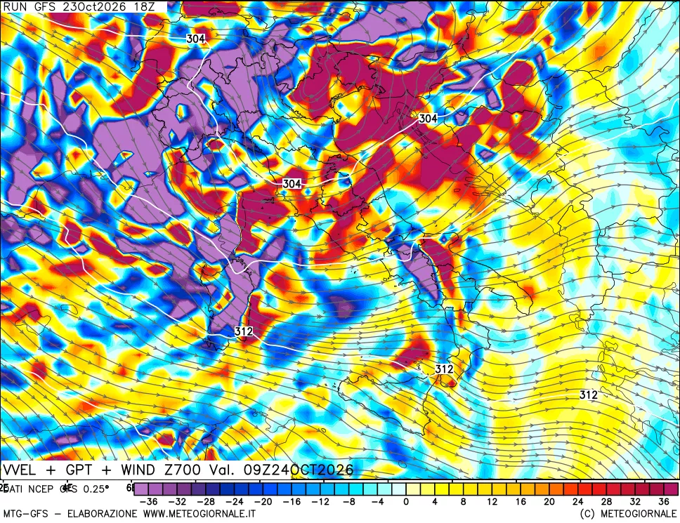 mappa 700 hPa Velocità verticiali + GPT + Vento