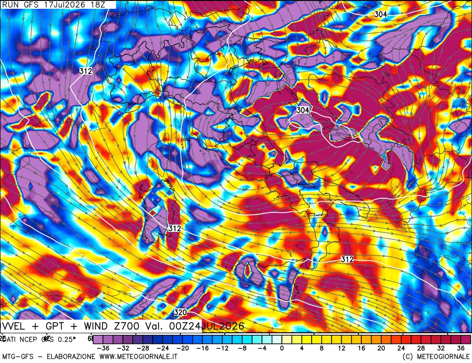 mappa 700 hPa Velocità verticiali + GPT + Vento