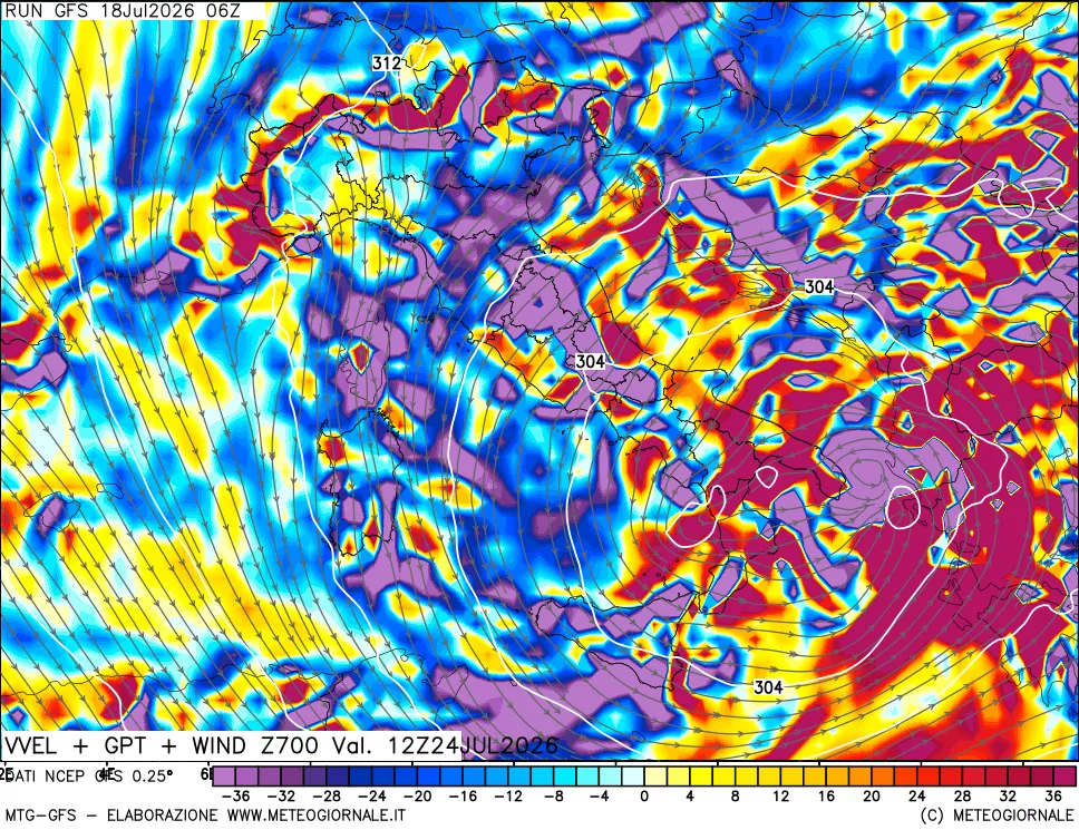 mappa 700 hPa Velocità verticiali + GPT + Vento