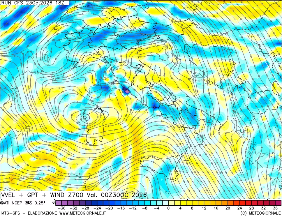 mappa 700 hPa Velocità verticiali + GPT + Vento