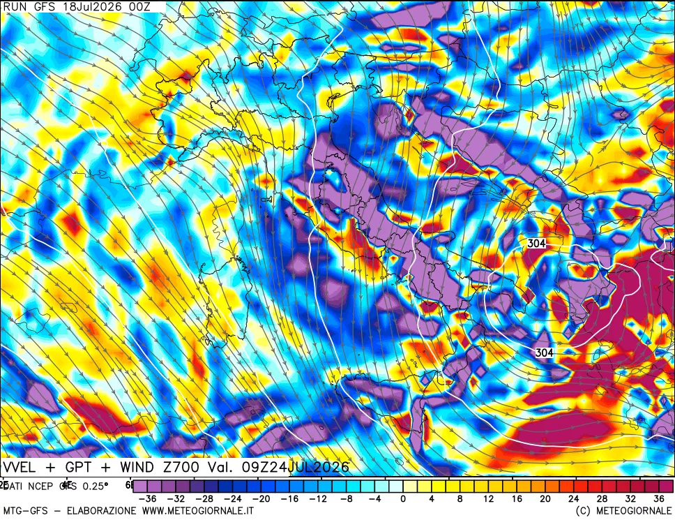 mappa 700 hPa Velocità verticiali + GPT + Vento
