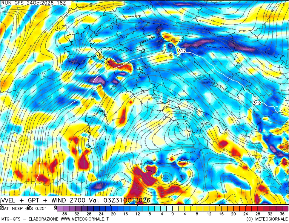 mappa 700 hPa Velocità verticiali + GPT + Vento