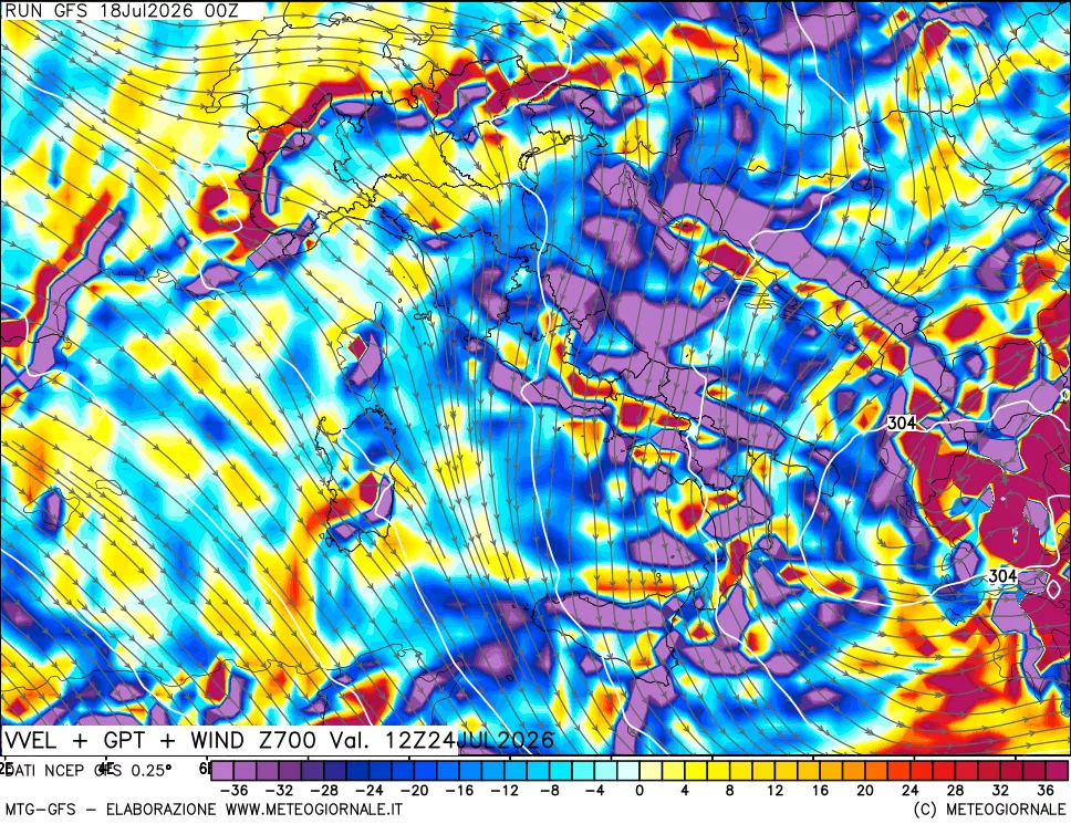 mappa 700 hPa Velocità verticiali + GPT + Vento