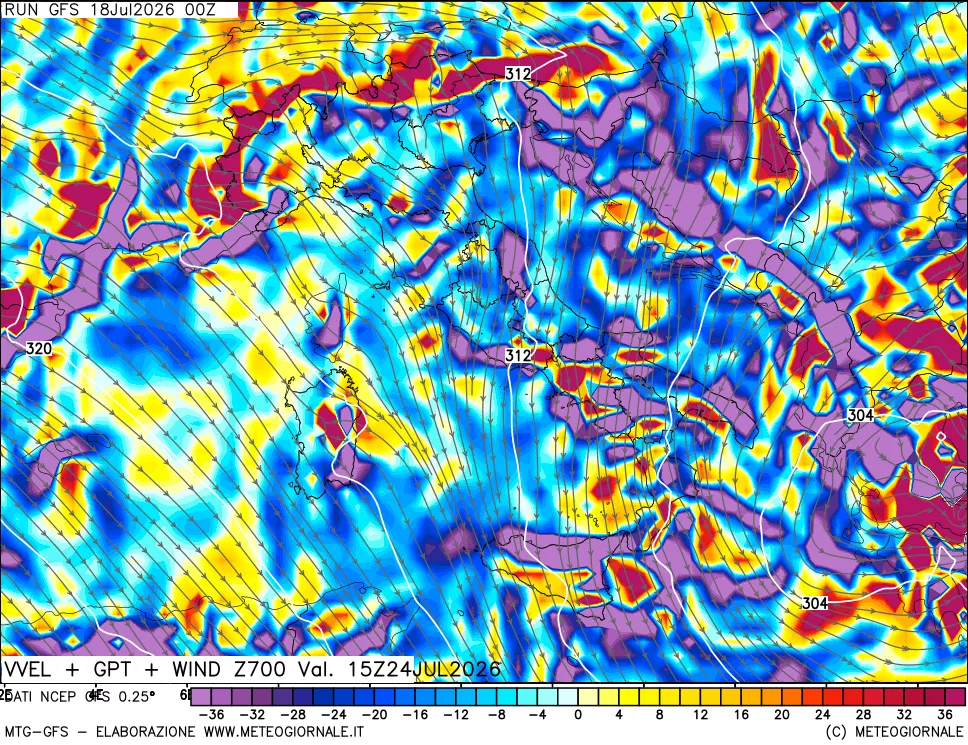 mappa 700 hPa Velocità verticiali + GPT + Vento