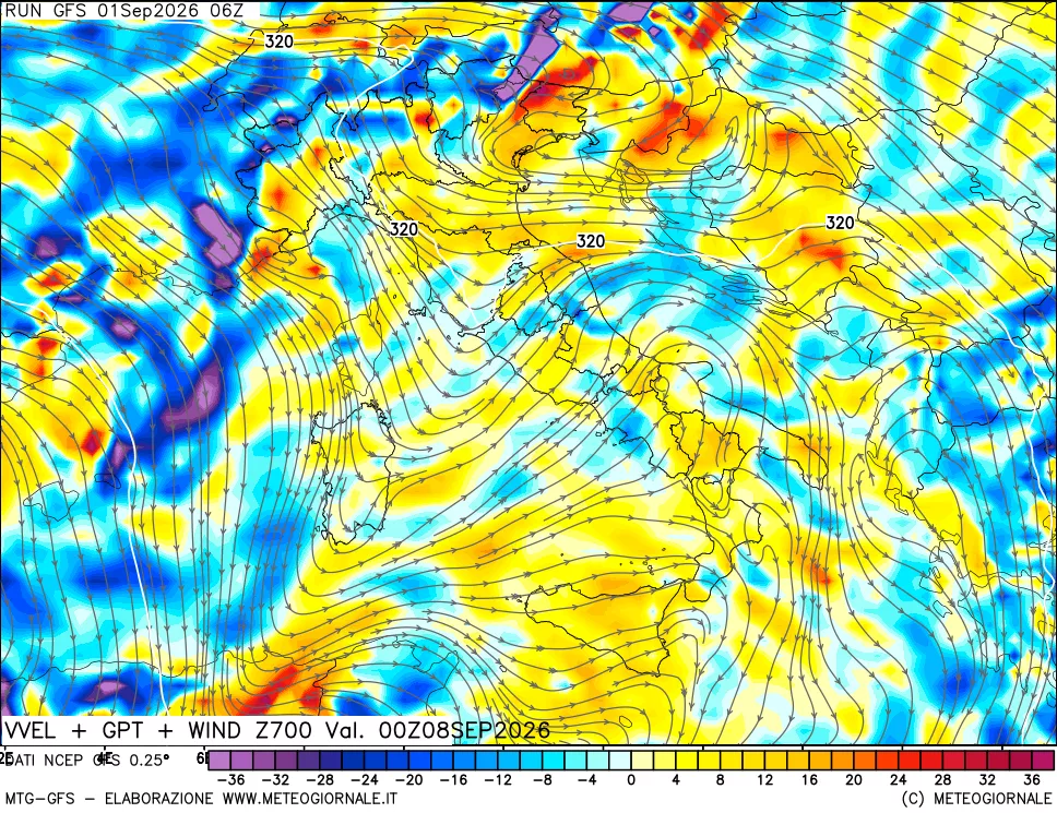 mappa 700 hPa Velocità verticiali + GPT + Vento