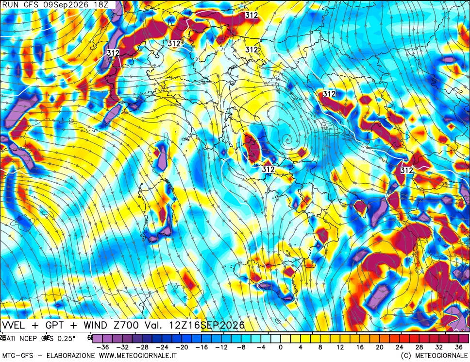 mappa 700 hPa Velocità verticiali + GPT + Vento