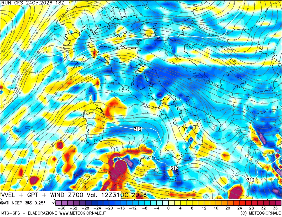 mappa 700 hPa Velocità verticiali + GPT + Vento