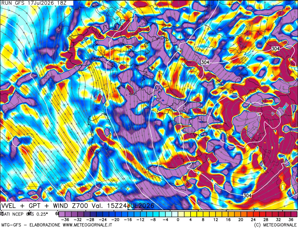 mappa 700 hPa Velocità verticiali + GPT + Vento