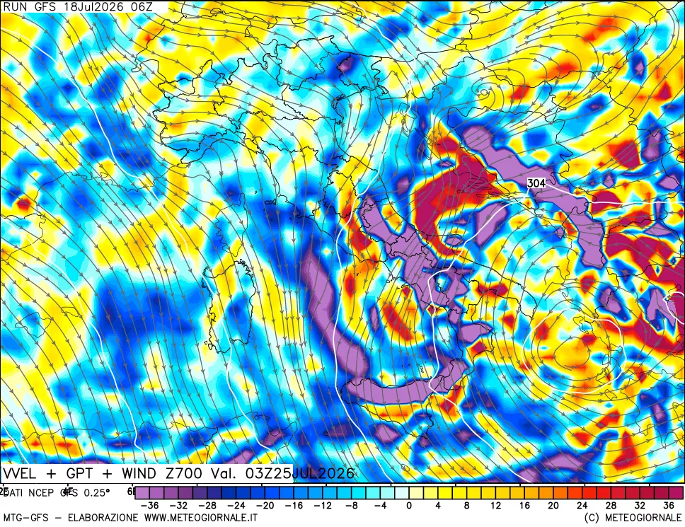 mappa 700 hPa Velocità verticiali + GPT + Vento