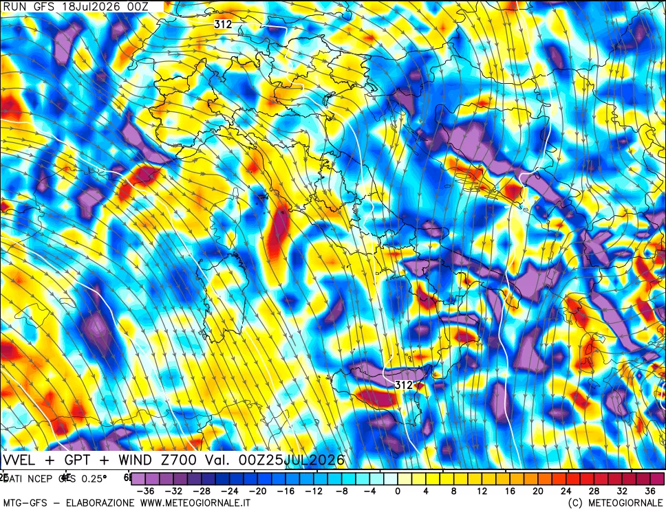 mappa 700 hPa Velocità verticiali + GPT + Vento