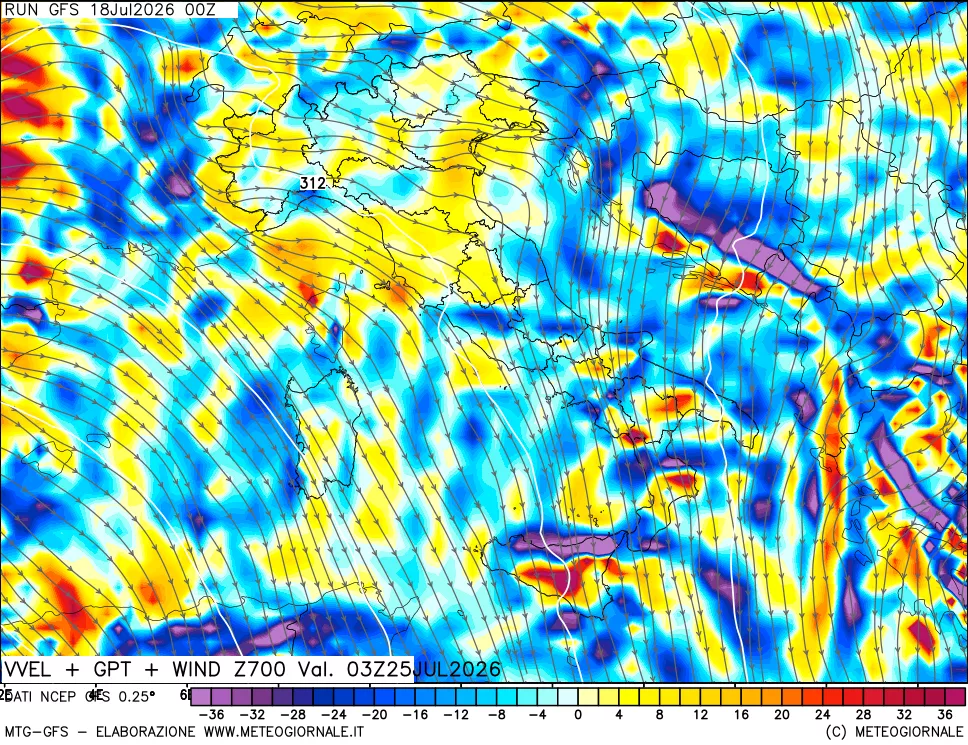 mappa 700 hPa Velocità verticiali + GPT + Vento