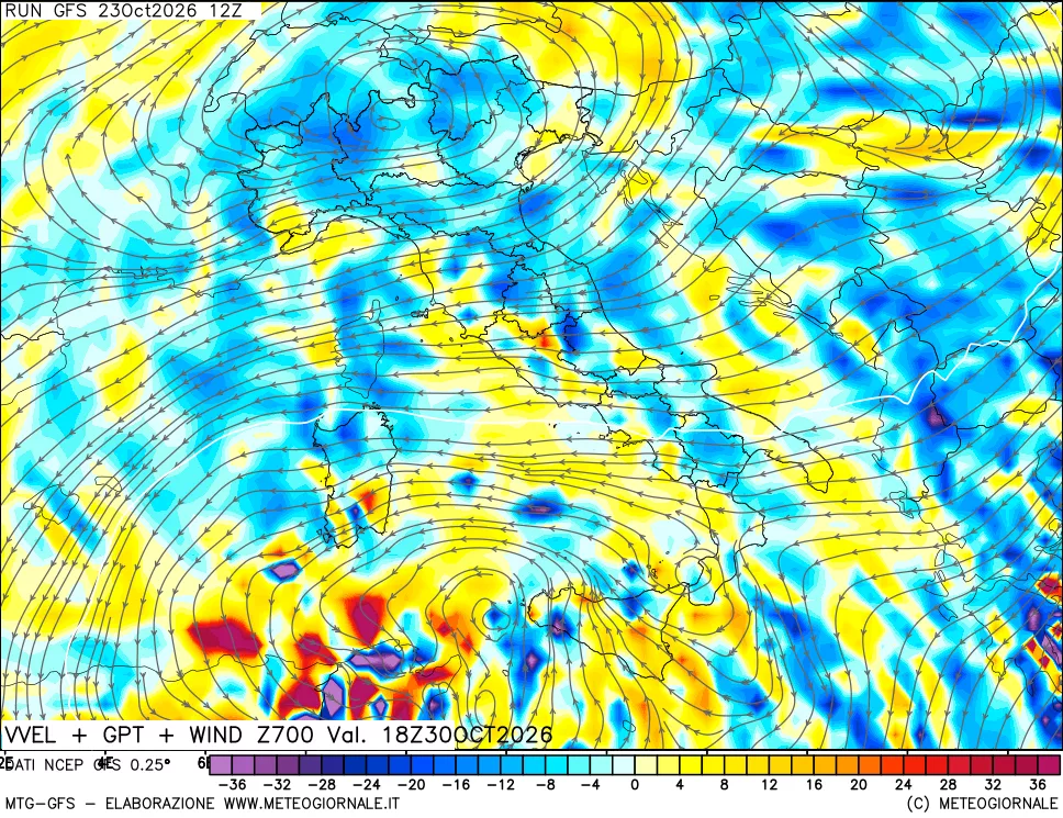 mappa 700 hPa Velocità verticiali + GPT + Vento