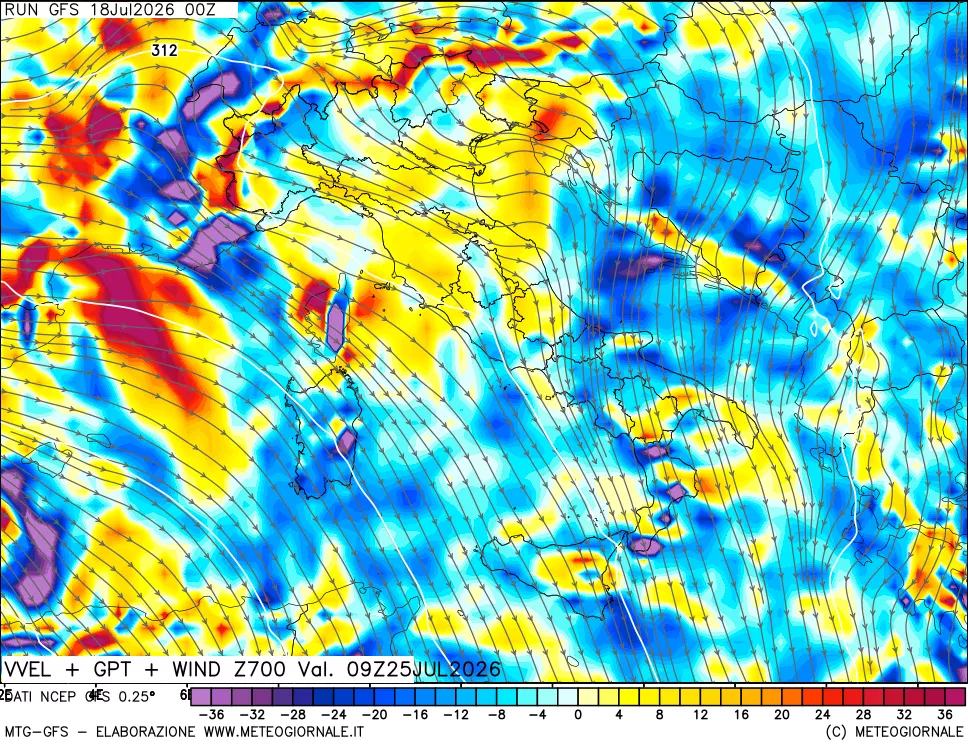 mappa 700 hPa Velocità verticiali + GPT + Vento