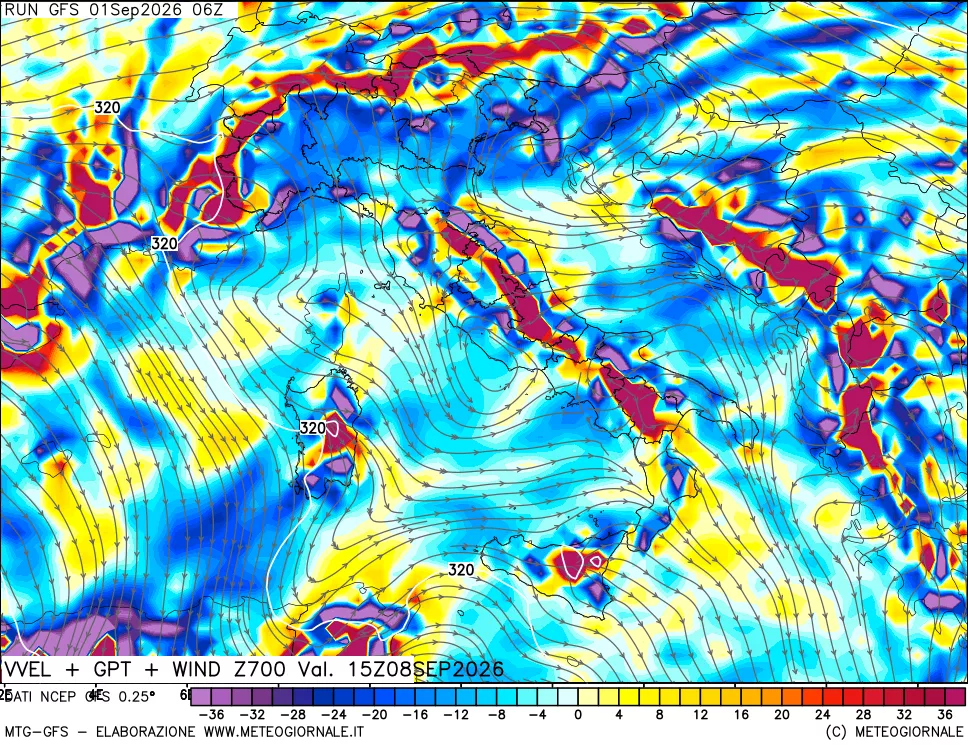 mappa 700 hPa Velocità verticiali + GPT + Vento