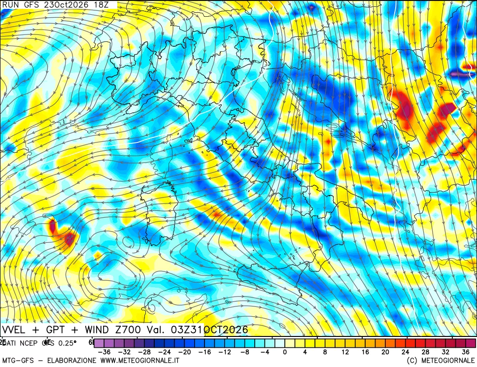 mappa 700 hPa Velocità verticiali + GPT + Vento