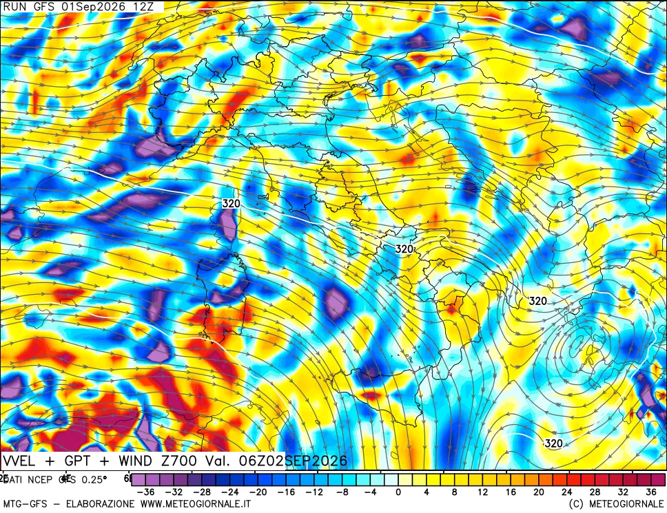 mappa 700 hPa Velocità verticiali + GPT + Vento