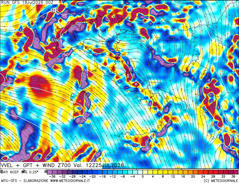 mappa 700 hPa Velocità verticiali + GPT + Vento
