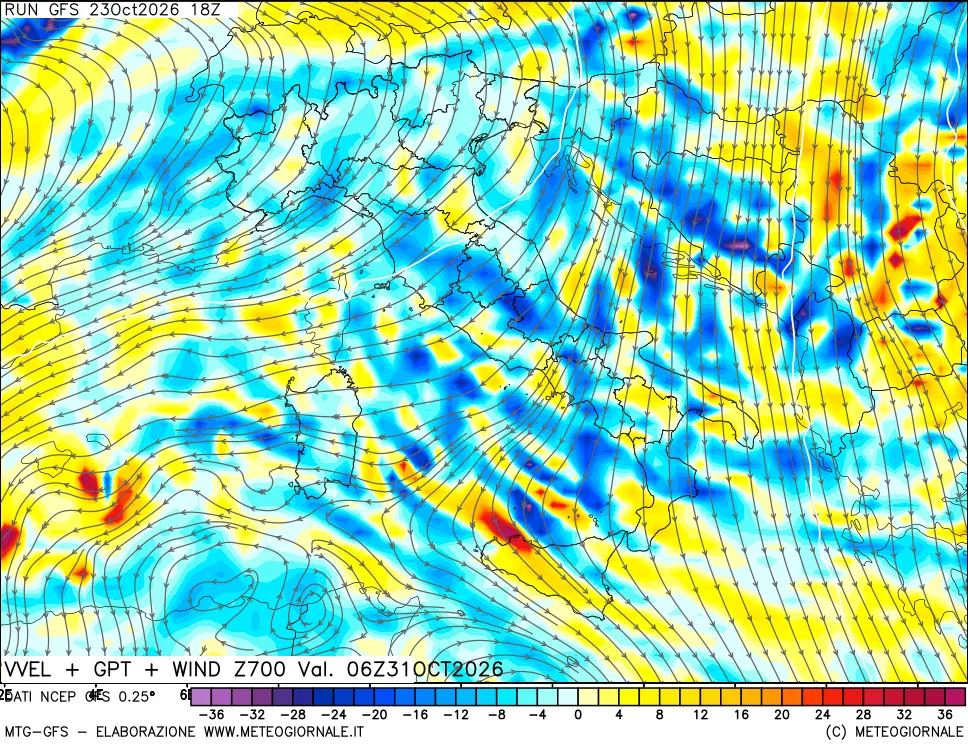 mappa 700 hPa Velocità verticiali + GPT + Vento