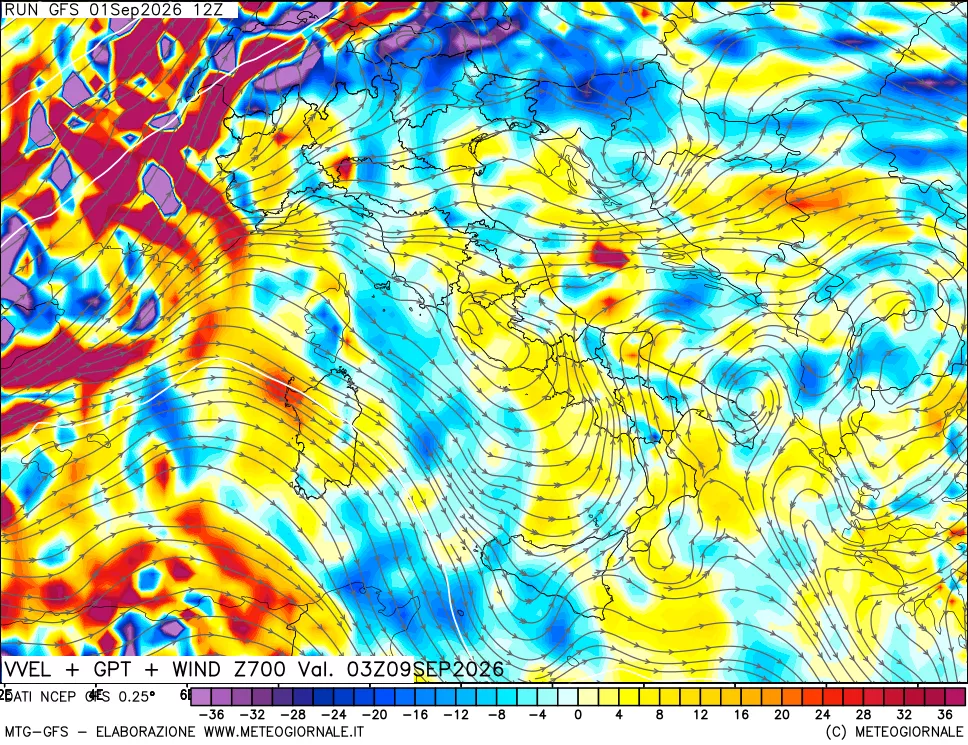 mappa 700 hPa Velocità verticiali + GPT + Vento